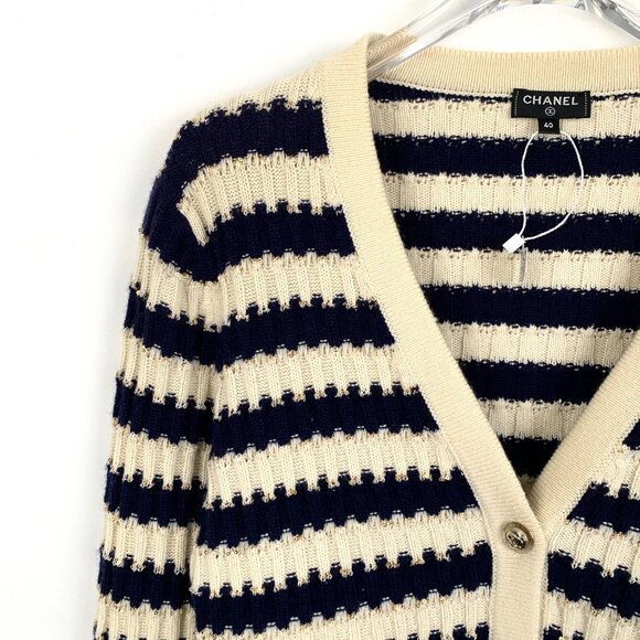Chanel Colorblock Striped Sequin Cashmere V-Neck Long Sleeve Knit Cardigan - Picture 3 of 8
